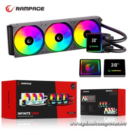 Rampage CPU Water Cooler - INFINITE V360 (Mágneses kijelző, 36,9dB max., 98,54 m3/h; 3x12cm, A-RGB LED, fekete)