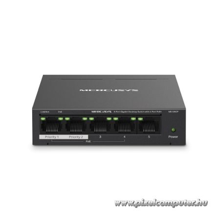 Mercusys Switch  PoE - MS105GP (5 port 1Gbps; 4 af/at PoE+ port; 65W; 250m; fém ház)