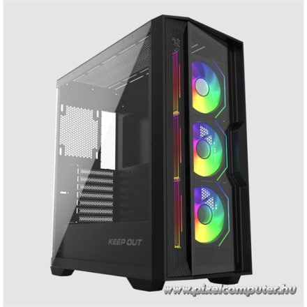KEEP OUT Számítógépház - XC-500 GLASS (fekete, ablakos, 3x12cm ARGB venti, EATX, microATX, 2xUSB2.0, 1xUSB3.0)