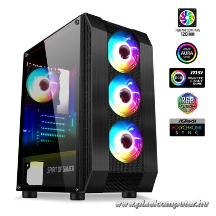 Spirit of Gamer Számítógépház - Rogue VI RGB (fekete, ablakos, 4x12cm ventilátor, alsó táp,  ATX, 1xUSB3.0, 2xUSB2.0)
