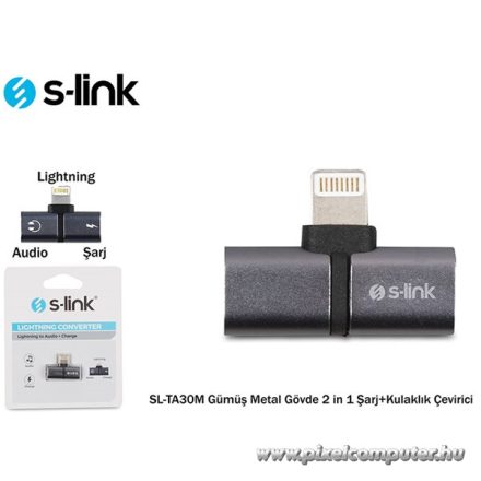 S-Link Átalakító - SL-TA30M (Bemenet: Lightning, Kimenet: 2xLightning, iphone töltés és fejhallgató, fém, szürke)