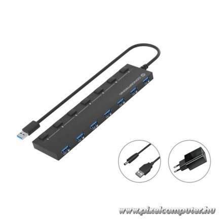 Conceptronic USB Hub - HUBBIES19BP (7 Port, USB-A to 7xUSB 2.0, külső táp, fekete)