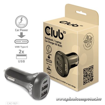 Club 3D Autós Töltő - CAC-1921 (36W, 2x USB-A, 1x USB-C, 12-24V, QC3.0)