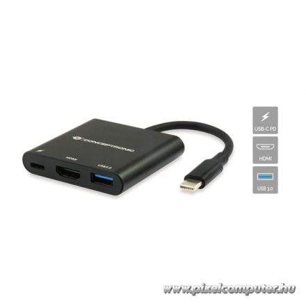 Conceptronic Notebook Dokkoló - DONN01B (USB-C to HDMI+USB-C PD:60W+USB-A 3.0, fekete)