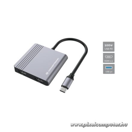 Conceptronic Notebook Dokkoló - DONN13G (USB-C to 2xHDMI+USB-C PD:100W+USB-A, ezüst)