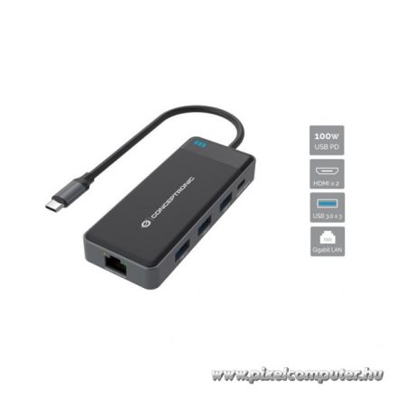 Conceptronic Notebook Dokkoló - DONN14G (USB-C to 2xHDMI+USB-C PD:100W+3xUSB-A+RJ-45, fekete)