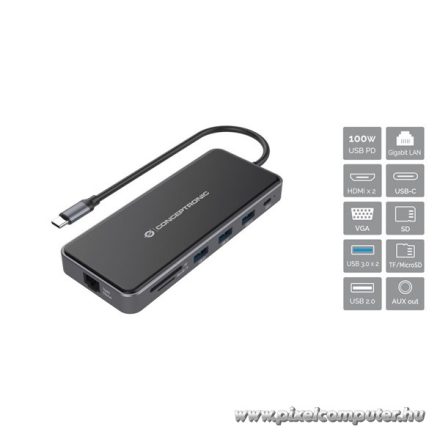 Conceptronic Notebook Dokkoló - DONN15G (USB-C to 2xHDMI+VGA+USB-C PD:100W+3xUSB-A+RJ-45+SD/TF+AUX)