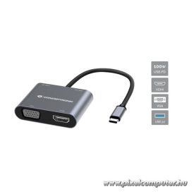   Conceptronic Notebook Dokkoló - DONN16G (USB-C to HDMI+VGA+USB-A PD:100W, ezüst)