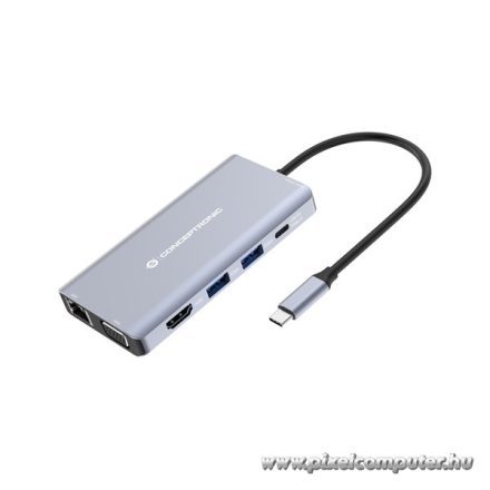 Conceptronic Notebook Dokkoló - DONN20G (USB-C to HDMI/VGA/USB-C PD/USB 3.0/SD/TF/GbE/AUX)