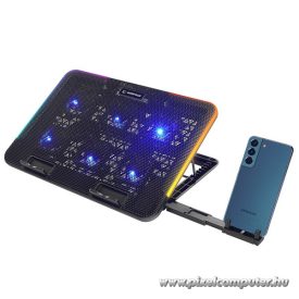   Rampage Notebook Hűtőpad 15,6"-ig - SIXPOWER R9 (fém rács; 6xventi, RGB, 2xUSB-A, kék LED)