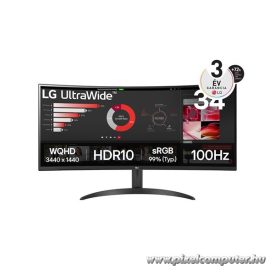   LG Monitor 34" - 34WR50QK-B (VA; Ívelt, 21:9; 3440x1440; 5ms; 300cd; 100Hz, HDMIx2, DP; HDR10; sRGB99%)
