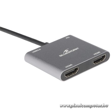 Bluestork USB Hub - HUB-DUO-HDMI (USB3.0, USB-C to 2xHDMI + USB-C, 4K@30Hz, szürke)