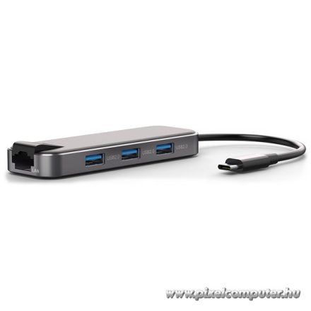 Bluestork USB Hub - HUB-OFFICE (USB-C to 3xUSB 2.0 port + 1xUSB-C + 1xHDMI + 1xRJ45, szürke)