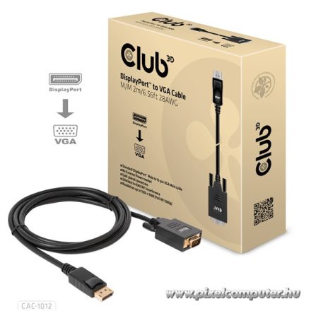Club 3D Kábel - CAC-1012 (DisplayPort to VGA, 2m, 28AWG, Full HD 1080p, Aranyozott csatlakozók)
