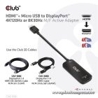 Club 3D Átalakító - CAC-1335 (HDMI+Micro USB to DisplayPort, 4K120Hz/8K30Hz, M/F, aktív)