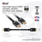 Club 3D Kábel - CAC-1370 (HDMI 2.1 Ultra High-Speed, 48Gbps, 4K120Hz, 8K60Hz, 1.5m, HDMI M/M, alacsony EMI, VRR, QMS)