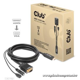   Club 3D Kábel - CAC-1712 (HDMI to VGA, M/M, 2m, 28AWG, 1080p, 3.5mm jack, Micro USB táplálás)