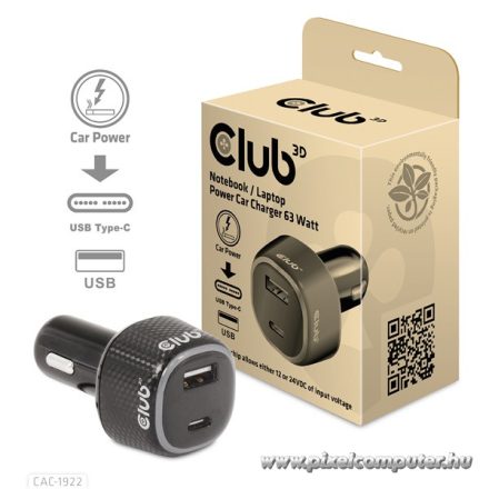 Club 3D Autós Töltő - CAC-1922 (63W, USB-A, USB-C, 12-24V, QC3.0)