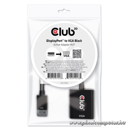 Club 3D Átalakító - CAC-2013 (DisplayPort 1.1a to VGA, fekete, aktív, WUXGA 1920x1200 @60Hz)