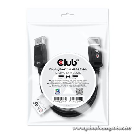 Club 3D Kábel - CAC-2067 (DisplayPort 1.4, HBR3, 8K60Hz, 1m, M/M, VESA minősítés)