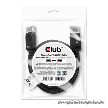 Club 3D Kábel - CAC-2068 (DisplayPort 1.4, M/M, 28AWG, HBR3, VESA tanúsítvánnyal, 8K60Hz, 2m)