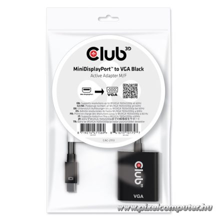 Club 3D Átalakító - CAC-2113 (Mini DisplayPor 1.1a to VGA, fekete, aktív, 1920x1200@60Hz, kompatibilis AMD/Nvidia/Intel)