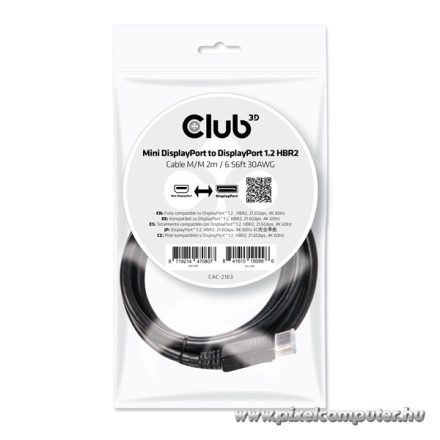 Club 3D Kábel - CAC-2163 (Mini DisplayPort to DisplayPort 1.2, 2m, 4K 60Hz, Bidirektional, 21.6Gbps, zárral)