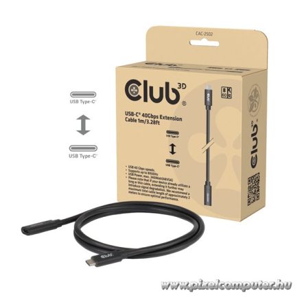 Club 3D Kábel - CAC-2502 (USB-C to USB-C, M/F, 40Gbps, 8K60Hz, 240W, DP 1.4 Alternate Mode, 1m)