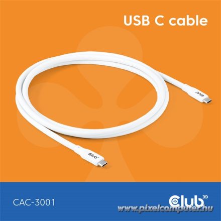 Club 3D Kábel - CAC-3001 (USB-C, PD 240W, 20Gbps, 4K60Hz, 2m, fehér)