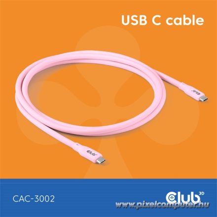 Club 3D Kábel - CAC-3002 (USB-C, PD 240W, 20Gbps, 4K60Hz, rózsaszín, M/M, 2m)