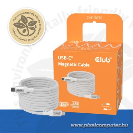Club 3D Kábel - CAC-3032 (USB-C, Mágneses, PD3.1, 240W, 20Gbps, fehér, M/M, 2m)