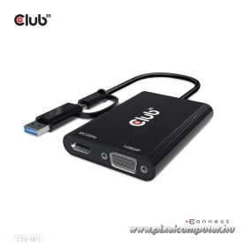   Club 3D Átalakító - CSV-1611(USB-C (USB-A Adapterrel) to Dual HDMI (4K/30Hz) / VGA (1080/60Hz))
