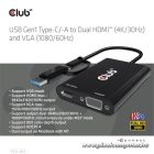 Club 3D Átalakító - CSV-1611(USB-C (USB-A Adapterrel) to Dual HDMI (4K/30Hz) / VGA (1080/60Hz))