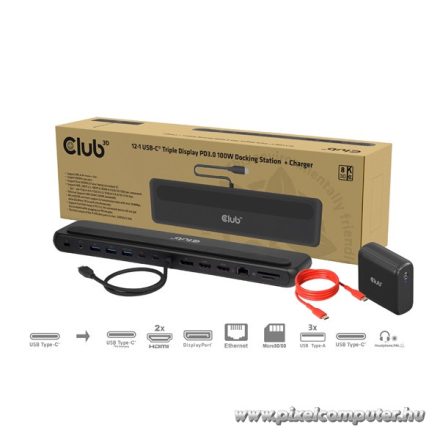 Club 3D Notebook Dokkoló - CSV-2541 (USB-C to 4xUSB-C, 2xUSB-A, 2xHDMI, 2xDP, RJ45, SD/MicroSD, 100W PD, 4K60hz)