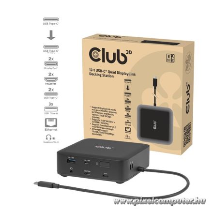 Club 3D Notebook Dokkoló - CSV-2542 (USB-C to 2x Displayport 8K60Hz + 2x HDMI™ 4K60Hz PD3.0 100Watt Ethernet 2.5G)