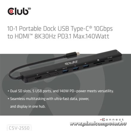 Club 3D USB Hub - CSV-2550 (USB-C to 3xUSB-C, 3xUSB-A, RJ45, SD/MicroSD, 140W PD, HDMI, 8K30hz)