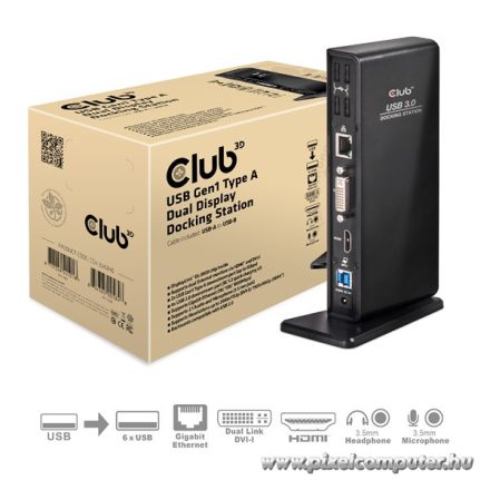 Club 3D Notebook Dokkoló - CSV-3242HD (1200p DUAL DISPLAY, USB-B to HDMI, DVI-I, 6xUSB-A, RJ45, 3.5 Jack Audio + Mic)