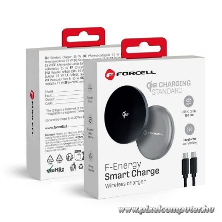 Wireless charger Forcell F-Energy Smart Charge USB C Qi2 15W compatible with MagSafe, with detachable cable 1,5 m silver