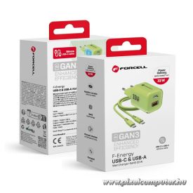   Phone charger Forcell F-Energy GaN III Crystal Color USB C + USB A QC4.0 PD 33W + silicone cable USB C to USB C VT-41 green
