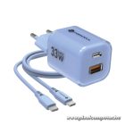 Phone charger Forcell F-Energy GaN III Crystal Color USB C + USB A QC4.0 PD 33W + silicone cable USB C to USB C VT-41 blue