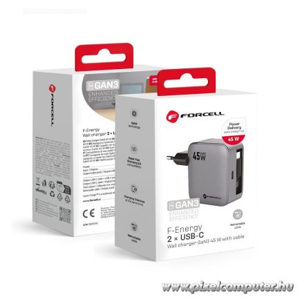 Phone charger Forcell F-Energy GaN USB C + retractable cable USB C PD QC4.0 3A 45W VT-R5 gray