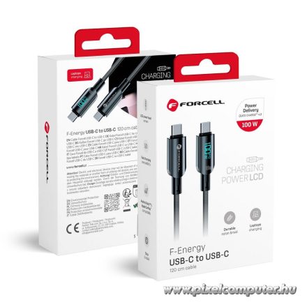 Forcell USB-C – USB-C 100W Gyorstöltő Kábel LCD Kijelzővel – C277, 5A, 120 cm