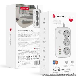   Fehér Forcell F-Energy okos hálózati elosztó - 3 aljzat, USB-C 30W + 3x USB-A (QC3.0 / PD, WiFi, Tuya, SmartLife, Alexa, 10A, 2500W, VT-PS03)