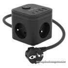 KERG Smart fekete elosztó kocka (3 db 230V-os aljzat + USB-A és USB-C gyorstöltő, 1,5 méteres vezetékkel, 16A/250V)