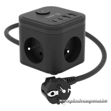 KERG Smart fekete elosztó kocka (3 db 230V-os aljzat + USB-A és USB-C gyorstöltő, 1,5 méteres vezetékkel, 16A/250V)