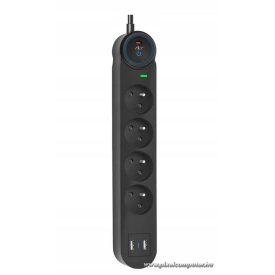   Fekete Art FU810 4-es hálózati elosztó + 2 x USB-A + USB-C (1,5 m)