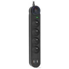  Fekete Art FU815 4-es hálózati elosztó 2x USB-A + USB-C aljzattal (3 m)