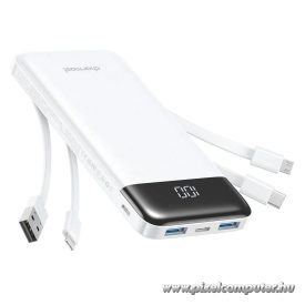   Fehér Charmast W1148 powerbank beépített USB-A, USB-C, Lightning és Micro USB kábelekkel (10000 mAh, 5V/3A)