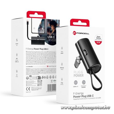 Powerbank Forcell F-Energy Power Plug F5K3 PD 20W 5000 mAh with built-in connector USB C black