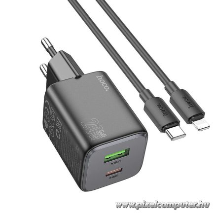Hoco N41 GaN hálózati gyorstöltő – 20W USB-C + 18W USB-A, USB-C–Lightning kábellel